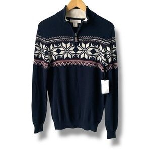 NWT ASPEN Men's Quarter Zip Sweater Blue White Red Fair Isle Pattern Small